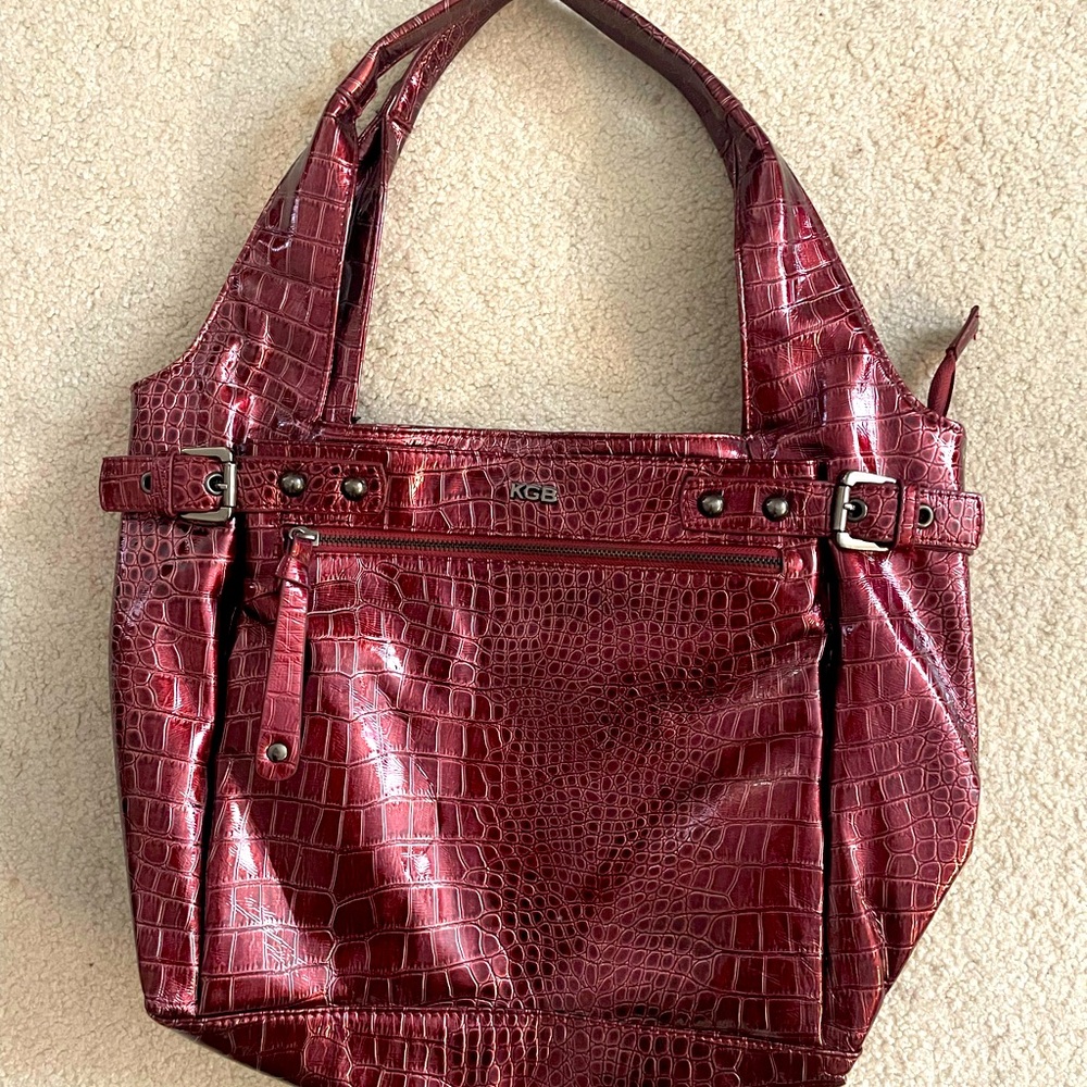 Red, metallic, faux croc tote.